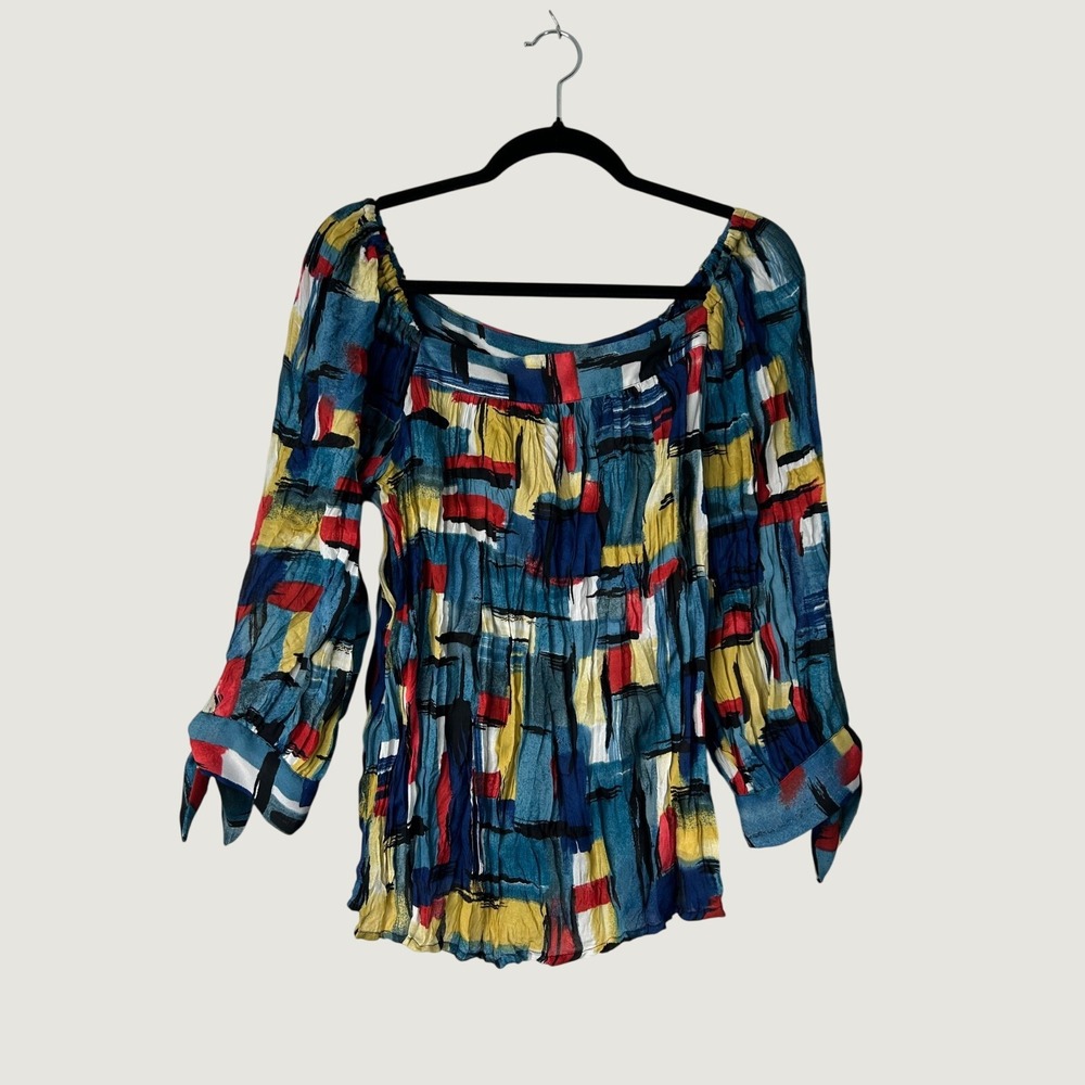 SLB Multicolor Abstract‎ Geo Print Blouse Size L Crinkle Gauze Off the Shoulder